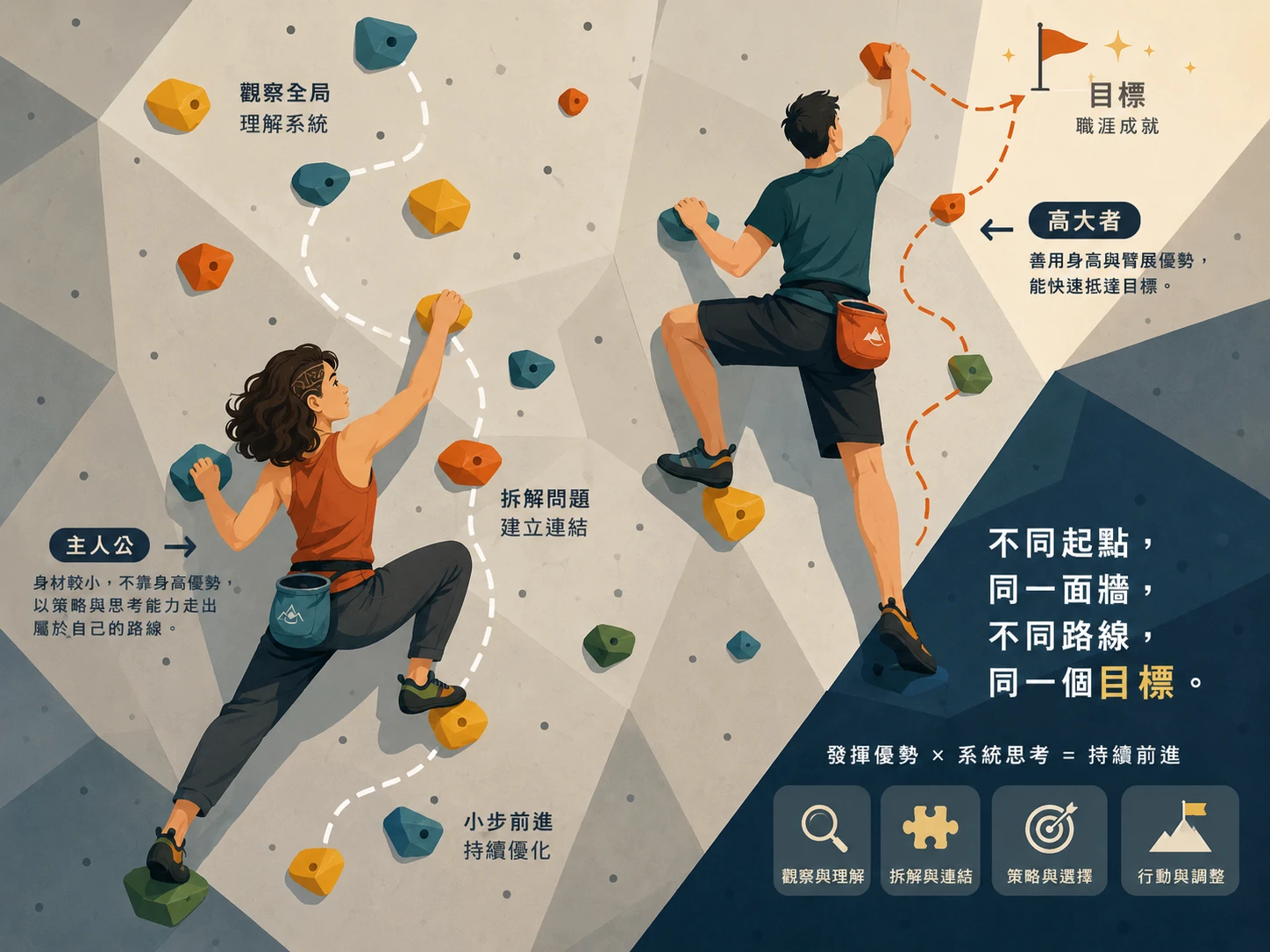 不同身材者在攀岩牆上展現多元路線,呈現發揮職涯優勢進行系統思考的過程