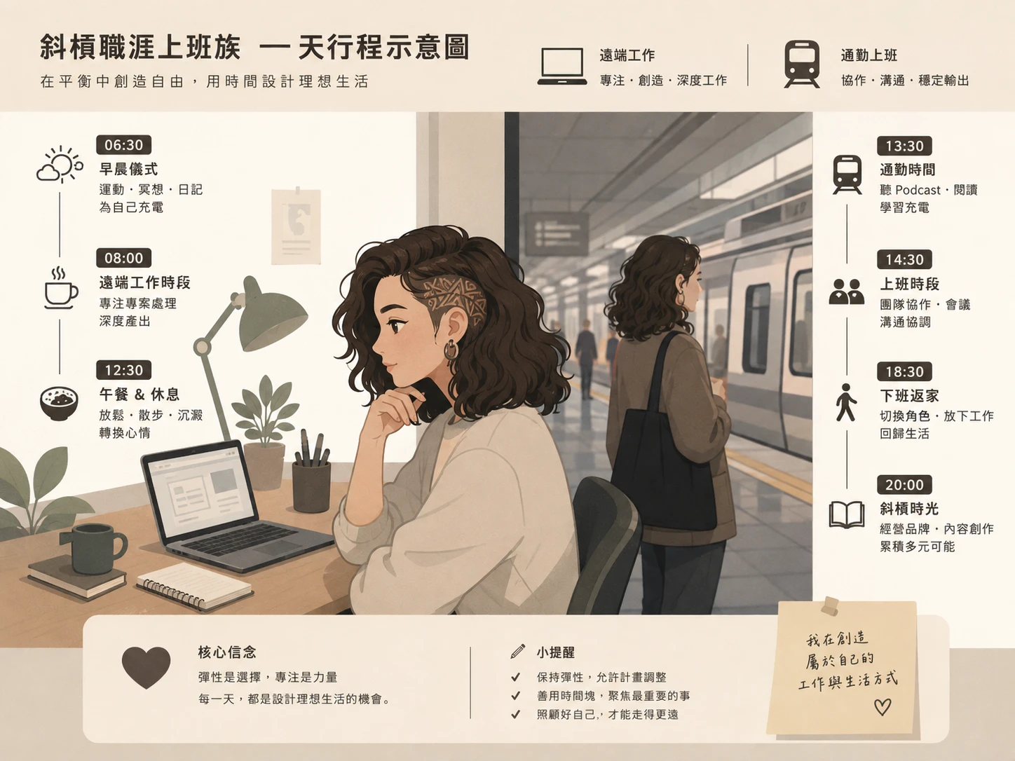 斜槓職涯上班族一天行程示意圖