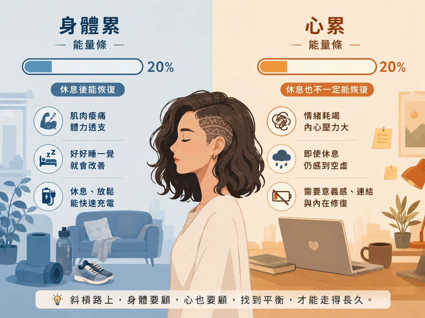 斜槓職涯身體累與心累的差別示意圖